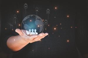 woman holding Global network connection. Big data analytics and business intelligence concept. World map point and line composition concept of global business. Digital link tech. photo