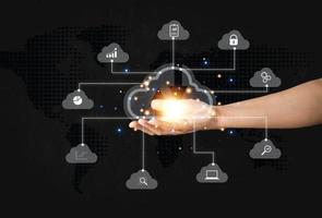 hand businesswoman. Big data analytics and business intelligence concept with chart and graph icons on a digital screen interface and a businessman in background. photo