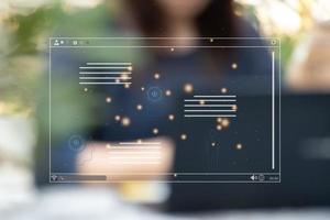 Woman working chat with AI on computer with virtual screen. Business and technology concept. photo