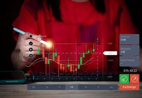 Business woman working on laptop computer, stock market graph, business concept, with virtual increasing technical graph for trader analysis. Stock, Cryptocurrency chart trader, trading, investment. photo