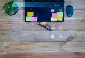 concept working at home, besiness office with icon business and network connection , topview. photo