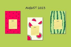 Vector summer 2023 calendar design. Set of August calendars in watermelon style. August 2023 calendar set. Planner, wall calendar design, print, advertising. Vector template.