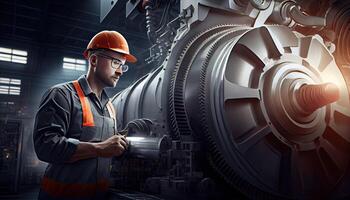 Engineer in a modern factory. Industry 4.0 machine maintenance Labor Day and the importance of workers photo