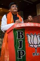 New Delhi, India - March 27 2023 - Piyush Goyal Cabinet Minister and core member of Bharatiya Janata Party - BJP during a rally in support of BJP candidate ahead of MCD local body Elections 2022 photo