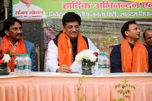 New Delhi, India - March 27 2023 - Piyush Goyal Cabinet Minister and core member of Bharatiya Janata Party - BJP during a rally in support of BJP candidate ahead of MCD local body Elections 2022 photo