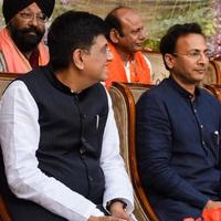 New Delhi, India - March 27 2023 - Piyush Goyal Cabinet Minister and core member of Bharatiya Janata Party - BJP during a rally in support of BJP candidate ahead of MCD local body Elections 2022 photo