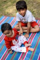 dos contento Niños en sociedad parque, contento asiático hermanos quien son sonriente felizmente juntos. hermanos jugar al aire libre en verano, mejor amigos. niñito bebé chico jugando con su contento hermano en el jardín foto