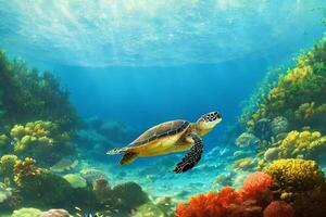 Turtle is swimming in underwater photo
