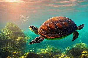 Turtle is swimming in underwater photo