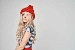 beautiful woman in fashionable clothes Red Hat cropped view glamor photo