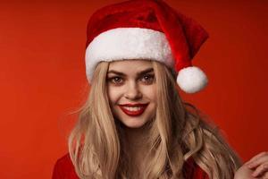 cheerful woman new year santa hat holiday model photo