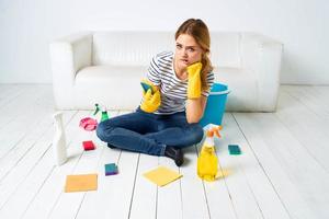 Cleaning lady at home interior housewife rendering service detergent photo