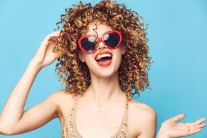 Enthusiastic lady hand gestures on an isolated background photo