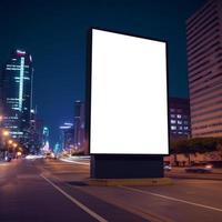 Futuristic City Mockup with Prominent Billboard Illuminated in Shades of Purple and Pink photo