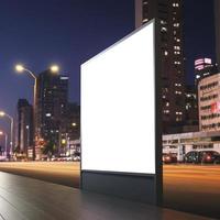 Futuristic City Mockup with Prominent Billboard Illuminated in Shades of Purple and Pink photo