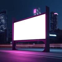 Futuristic City Mockup with Prominent Billboard Illuminated in Shades of Purple and Pink photo