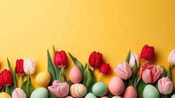 Top View of Happy Easter with tulips and decorative eggs photo