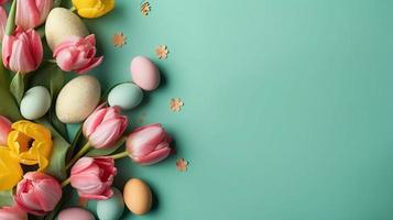 Top View of Happy Easter celebration background with tulips and decorative eggs in various colors photo