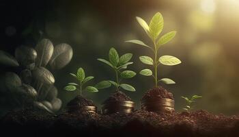 creciente plantas en monedas apilado en verde borroso antecedentes y natural ligero con financiero ideas generativo ai foto