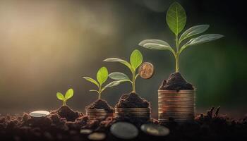 creciente plantas en monedas apilado en verde borroso antecedentes y natural ligero con financiero ideas generativo ai foto