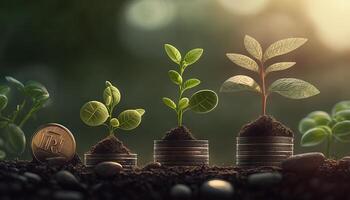 creciente plantas en monedas apilado en verde borroso antecedentes y natural ligero con financiero ideas generativo ai foto