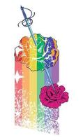 T-shirt design of a flower pierced by a sword and a rainbow in the background. Vector illustration for gay pride day.
