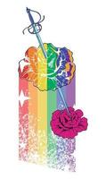 T-shirt design of a flower pierced by a sword and a rainbow in the background. Vector illustration for gay pride day.