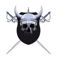 T-shirt design of a shield with swords and a Viking skull. Vector illustration for chivalry and adventure themes.