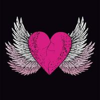 Vector design for t-shirt of a pink heart with wings isolated on black. Illustration of a broken heart flying.