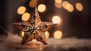 Decorative Wooden Christmas Star with Bokeh Lights Background photo