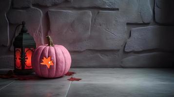 Pink Halloween Pumpkin Lantern in Concrete Stone Room photo