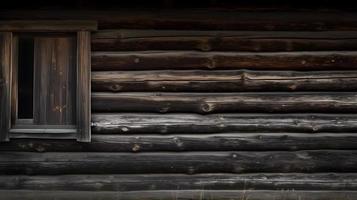 Dark Colored Wooden Cabin Wall Texture Background with Rough Timber Surface photo