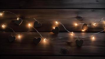 Valentine's Day Wood Texture with String Lights and Paper Hearts - Copy Space Background photo