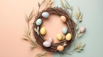 Easter Eggs and Willow Twigs Wreath on Pastel Light Background photo