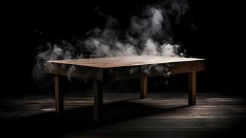 Wooden Plank Podium with Smoke in Dark Background photo