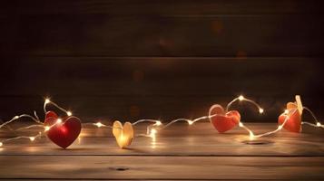 Valentine's Day Wood Texture with String Lights and Paper Hearts - Copy Space Background photo