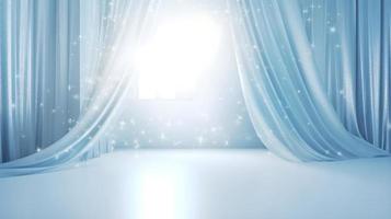 Shiny Light Blue Curtain Over White Ice for Holiday Background photo