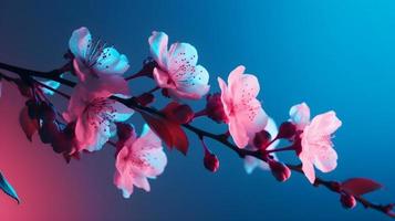 Neon Backlit Spring Cherry Blossom Flowers on Pastel Pink Background photo