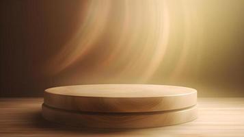 Delicate Pastel Golden Brown Wooden Podium with Backlighting and Haze photo