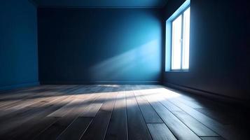 Blue Gradient Wall and Wooden Floor with Light Glare - Interior Background for Presentation photo