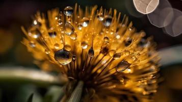 Macro Shot of Dandelion Seed with Water Drops in Yellow and Gold Tones photo