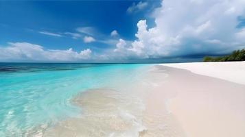 Beautiful Panoramic Landscape of Sandy Beach and Turquoise Ocean in Maldives photo