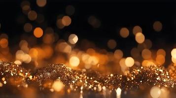 Festive Golden Glittering Winter Holiday Background with Bokeh Lights and Snow photo