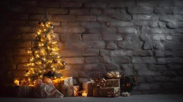 Small Christmas Tree with Lights on Old Wooden Plank against Textured Stone Wall photo