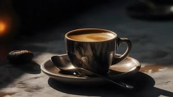 Cup of Espresso with Coffee Crema on Stone Texture in Morning Sunlight photo