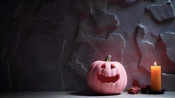 Pink Halloween Pumpkin Lantern in Concrete Stone Room photo