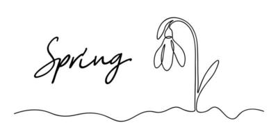 Spring snowdrop flower in continuous line art style. Spring background with snowdrop, environmental protection design concept, Earth day, the arrival of spring vector