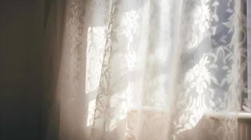 Sunlight on Wall with Shadows from White Lace Curtain photo