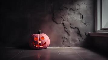 Pink Halloween Pumpkin Lantern in Concrete Stone Room photo