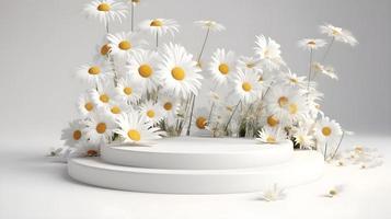 3D Podium Display with Levitating Daisy Field Flowers on White Background for Cosmetics Yellow Showcase Pedestal in Trendy Abstract Style photo